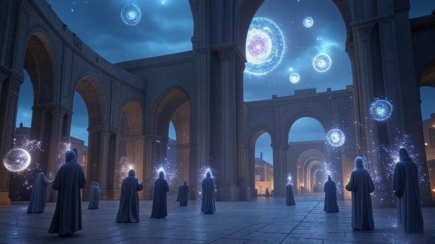 Ministry of Magic with a sci-fi digital grid and glowing orbs, highlighting speculative societal themes in the Harry Potter science fiction debate. 