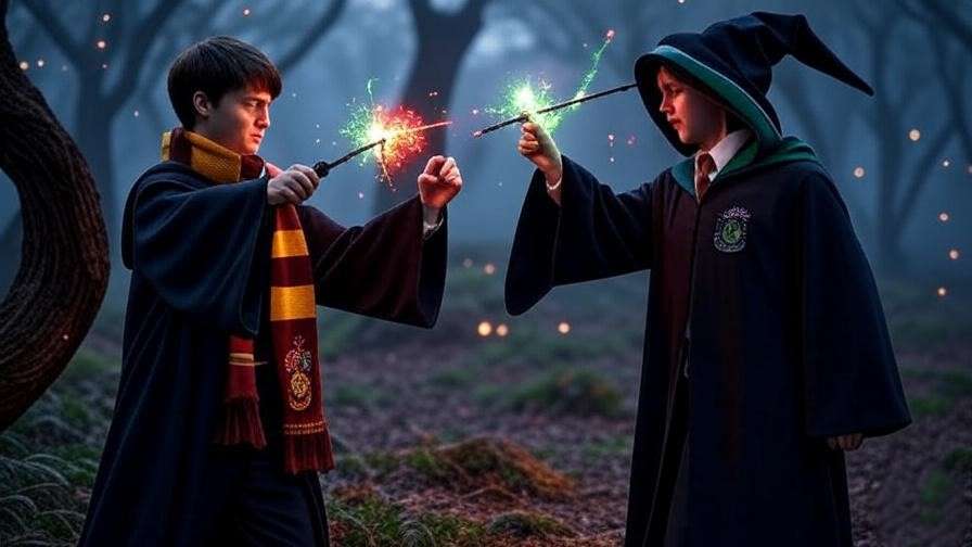 Two roleplayers in Gryffindor and Slytherin costumes dueling with wands in the Forbidden Forest, capturing the thrill of Harry Potter LARP roleplay. 