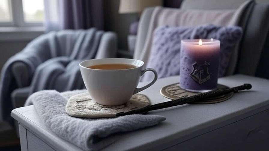 A cozy Muggle bedroom with chamomile tea, a lavender candle, and a weighted blanket, inspired by the calming essence of the Harry Potter Draught of Peace. 