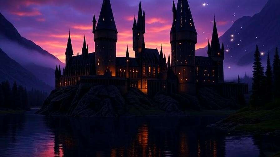Hogwarts Castle at dusk with glowing windows and a magical sky, evoking anticipation for the Harry Potter HBO series.