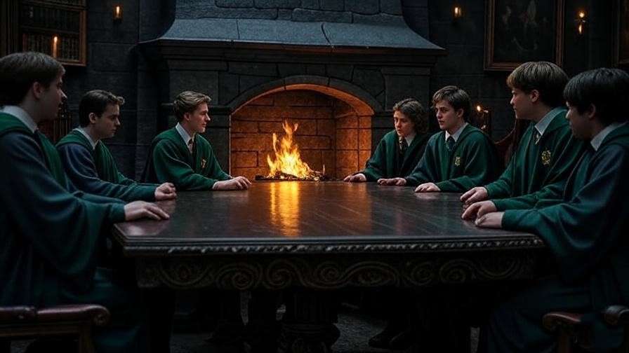 Moody Slytherin common room with students in robes, showcasing cunning and ambition for the Slytherin Hufflepuff guide. 