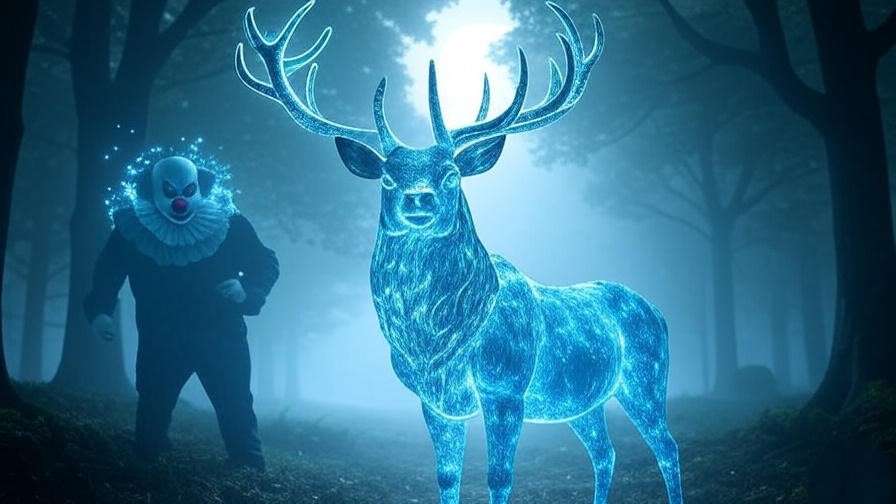 A glowing stag Patronus stands in a moonlit forest, banishing a fading clown figure with protective magical light in a Harry Potter-inspired scene. 