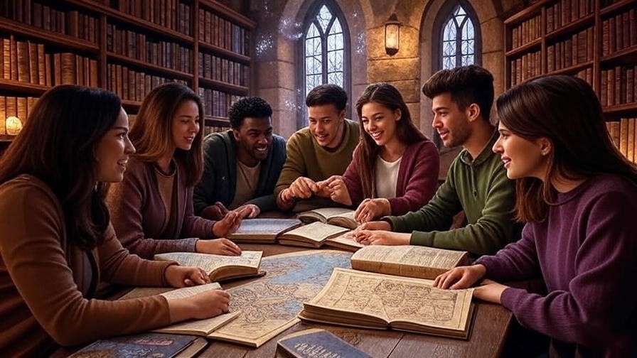 Group of friends brainstorming Harry Potter team names in a cozy Hogwarts library with books, quills, and magical sparkles.