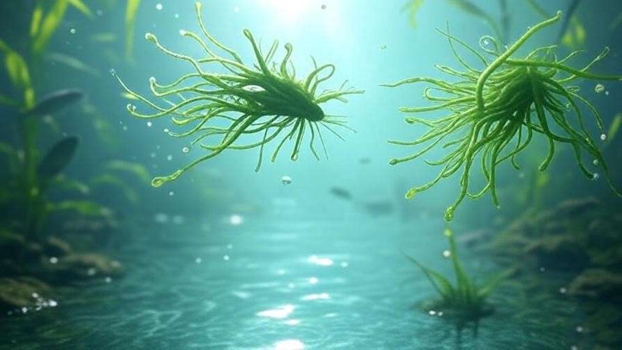 Gillyweed floating in a clear, magical lake, surrounded by aquatic plants and bubbles, showcasing its role in underwater wizardry. 