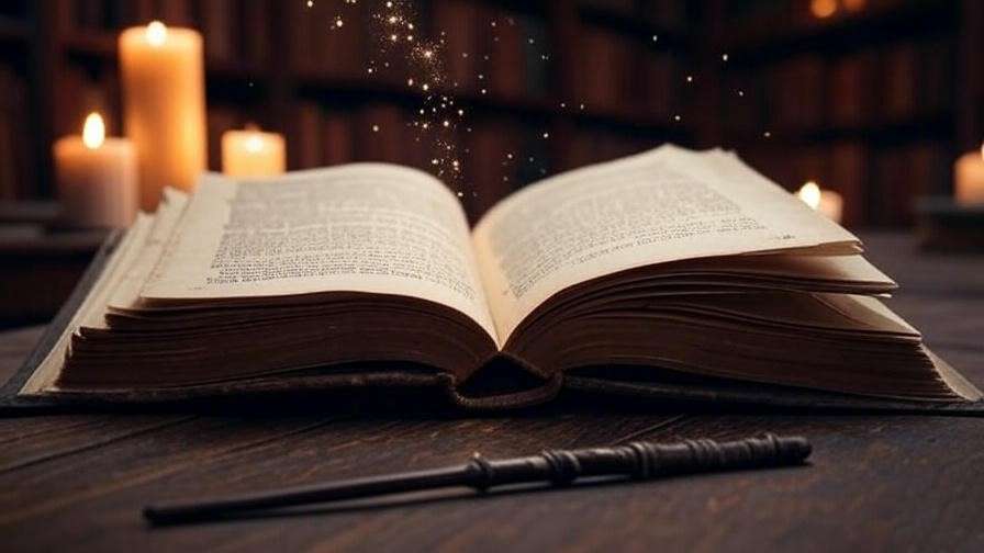 An open Harry Potter book with a glowing wand and candles in a Hogwarts library, symbolizing fidelity to the books for the HBO series.