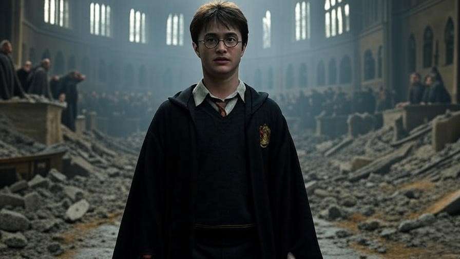 Epic scene of Harry Potter’s triumph over Voldemort in the Battle of Hogwarts, showcasing his heroic victory. 