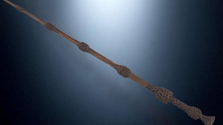 Close-up of the Elder Wand’s intricate carvings and elder wood texture, highlighting its iconic design from the Harry Potter series. 