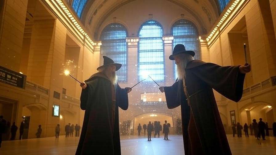 Iconic Grand Central photo spots with wizard duel, glowing Celestial Ceiling, and sparkling Vanderbilt Hall arches.