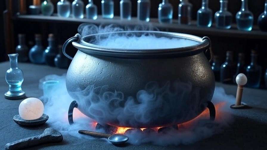 A simmering pewter cauldron in a Hogwarts Potions classroom emits silver vapor, surrounded by tools for brewing the Draught of Peace in a mystical, silver-blue setting. 