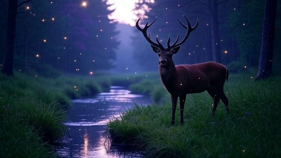 A majestic stag stands in a serene woodland clearing at dusk, surrounded by fireflies, inspiring meditation and connection to the stag spirit animal in Harry Potter.