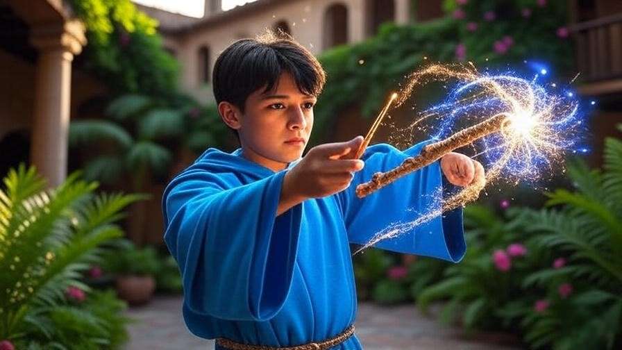 Latin American wizard casting a glowing spell with a caoba wand in a magical courtyard, inspired by Harry Potter’s Castelobruxo.