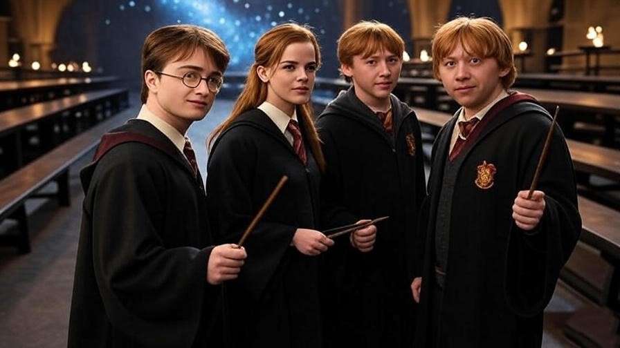 Original Harry Potter film cast in Hogwarts Great Hall, showcasing the iconic actors from the beloved movie series.