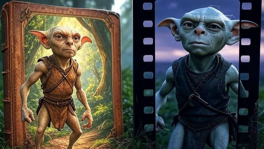 Comparison of Dobby's portrayal in Harry Potter books versus films, highlighting differences in heroic moments. 