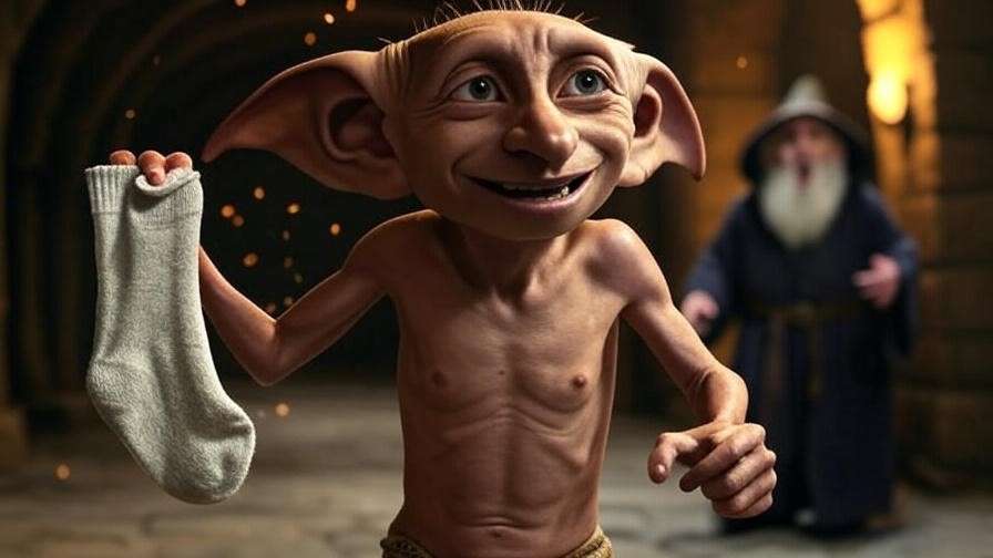 Dobby receiving his freedom sock from Harry Potter, a key heroic turning point in the series. 