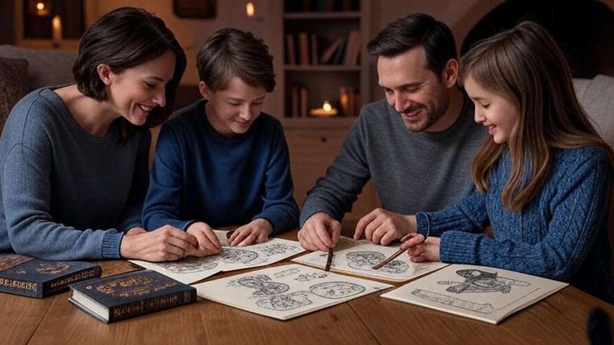 Family creating Hogsmeade timeline with Harry Potter books.
