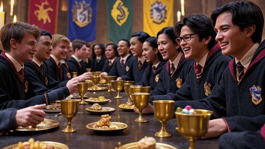 Vibrant Hogwarts Great Hall feast with diverse students and house banners, showcasing the cultural legacy of surnames like Patil. 