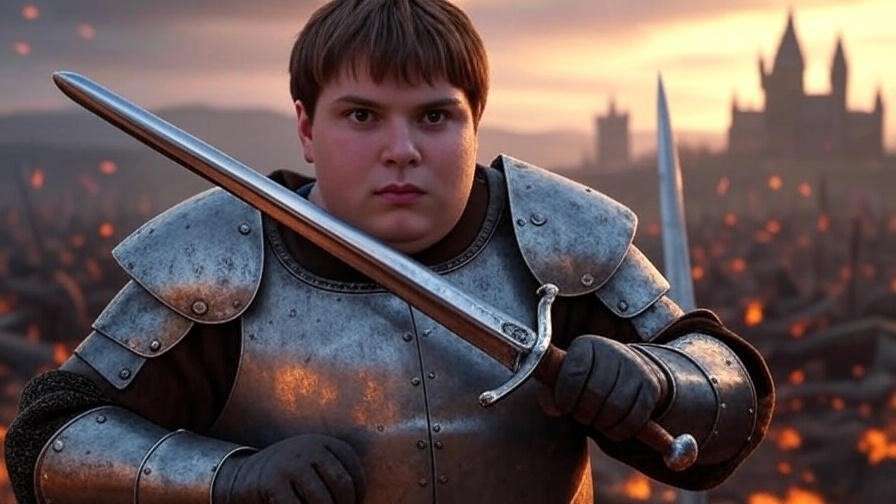 Neville wielding sword on battlefield with Hogwarts in background.