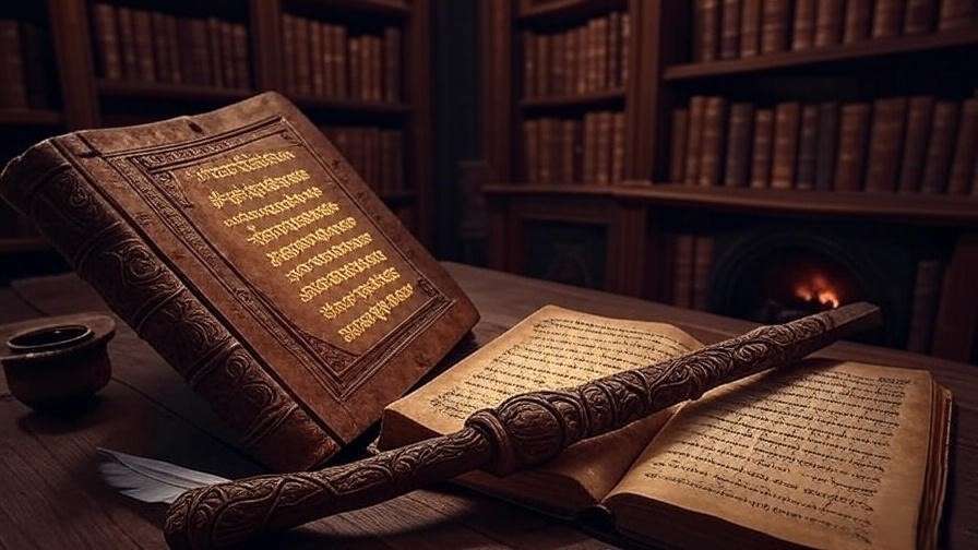 Open wandlore book with a caoba wand and glowing quill on a library table, evoking the mystique of Harry Potter’s wandlore.
