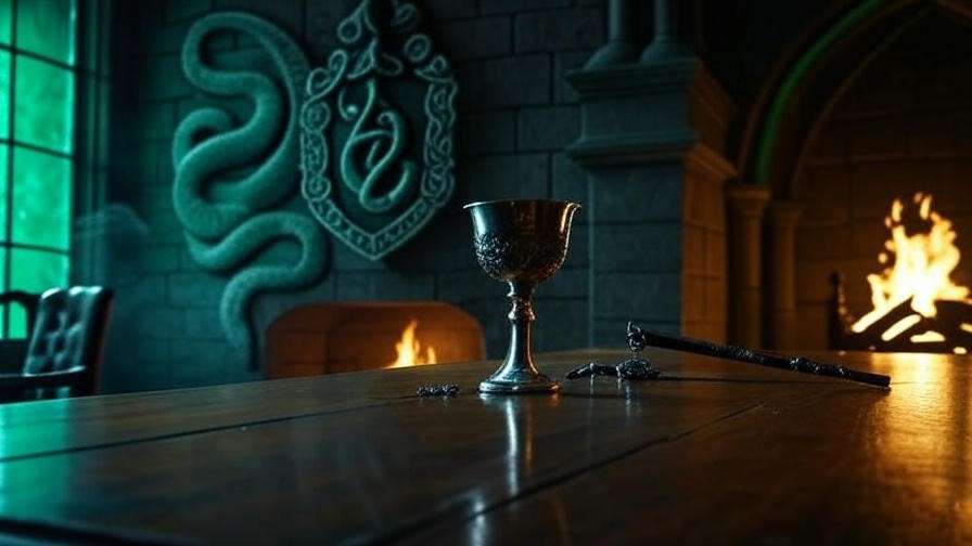 Gothic Slytherin common room with serpent motifs and silver accents, symbolizing the Malfoy family’s pure-blood prestige. 