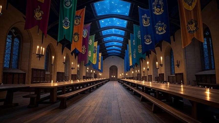 Immersive Great Hall scene with wooden tables, floating candles, and Hogwarts house banners at Harry Potter Exhibition Boston.