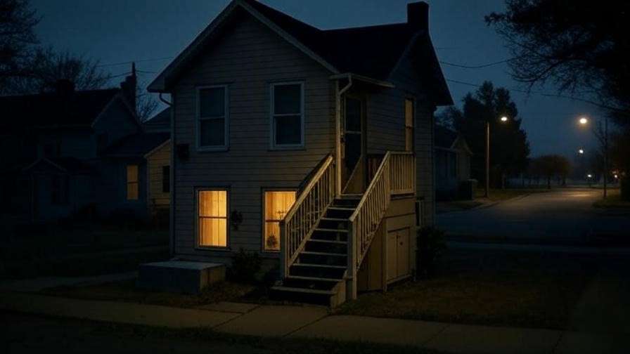 Moody view of Number 4, Privet Drive, Harry Potter’s humble beginning as a hero, showcasing a quiet suburban house at dusk. 