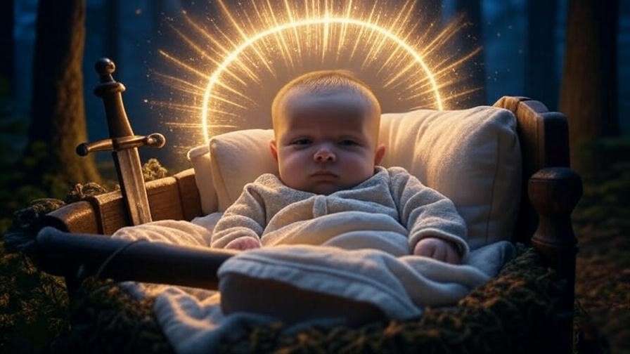 Harry Potter infant as the chosen one with halo and symbols, representing destiny. 