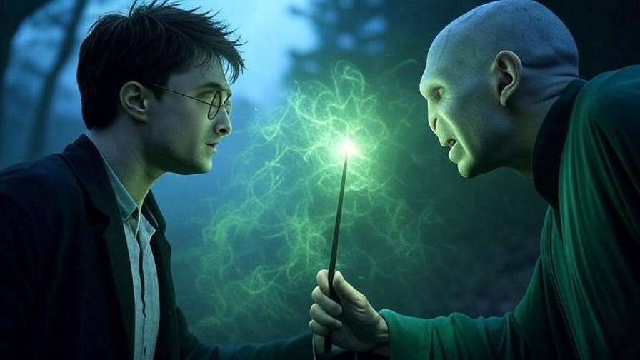 Dramatic scene of Harry Potter facing Voldemort in the Forbidden Forest, showcasing his courage as a hero. 
