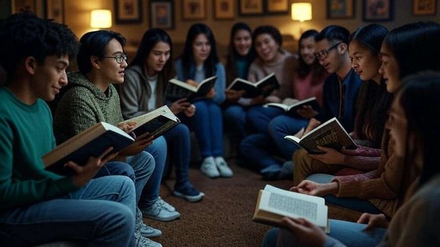 Cozy room with diverse fans discussing books, surrounded by Harry Potter posters, reflecting community debate on Deathly Hallows. 