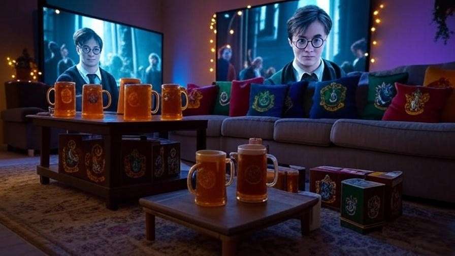 Cozy Harry Potter movie marathon setup with Hogwarts decor and butterbeer mugs.