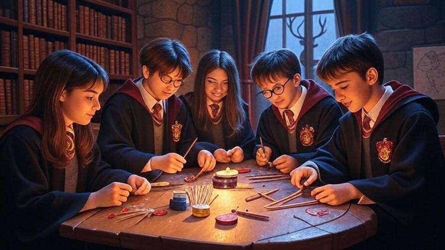 A Gryffindor common room craft station with students making wands, enhancing the interactive experience of a Harry Potter party.