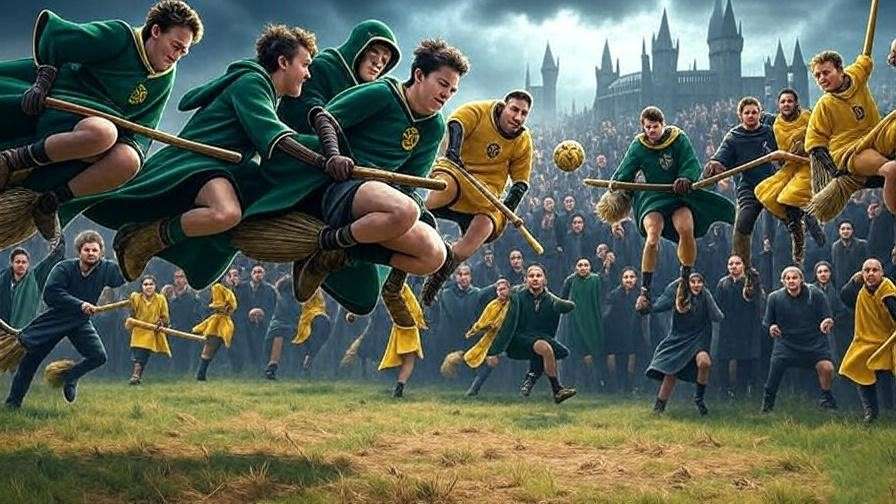 Intense Quidditch match between Slytherin and Hufflepuff players, highlighting their rivalry in the guide.