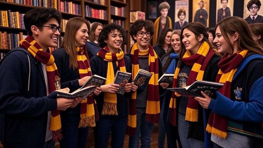 Diverse Harry Potter fans holding Beyond the Wand books in a cozy bookstore, surrounded by house scarves and posters.