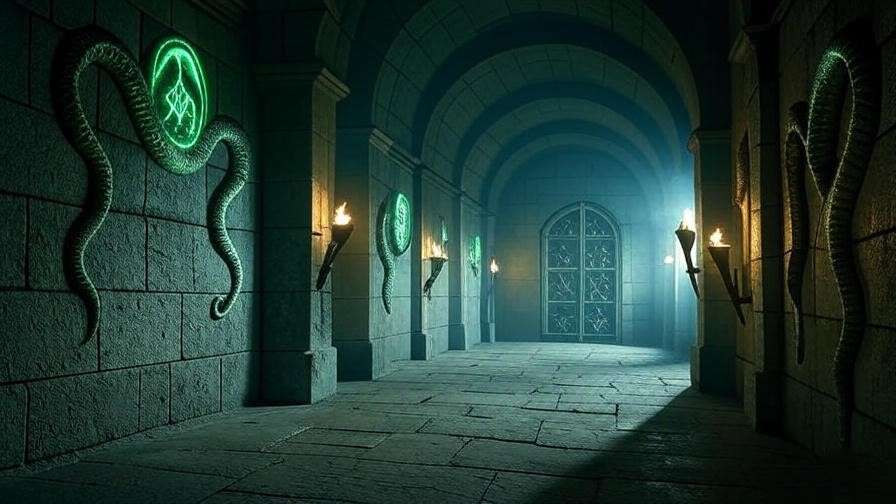 A cinematic view of Hogwarts’ ancient dungeon corridor, with glowing runes, flickering torches, and a misty, cold atmosphere, evoking the historical legacy of the castle’s subterranean classrooms. 