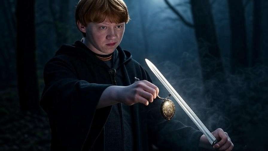 Ron Weasley bravely destroying the Horcrux locket in the forest.