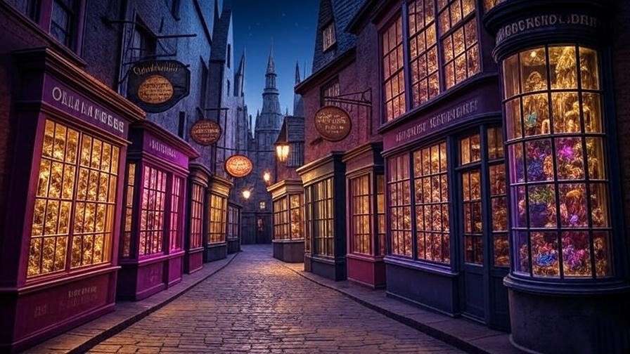 Vibrant Diagon Alley with colorful shopfronts and glowing lanterns, showcasing the magical marketplace in the HBO Harry Potter series.