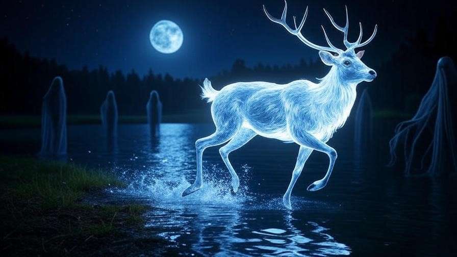A majestic stag stands in a serene woodland clearing at dusk, surrounded by fireflies, inspiring meditation and connection to the stag spirit animal in Harry Potter.