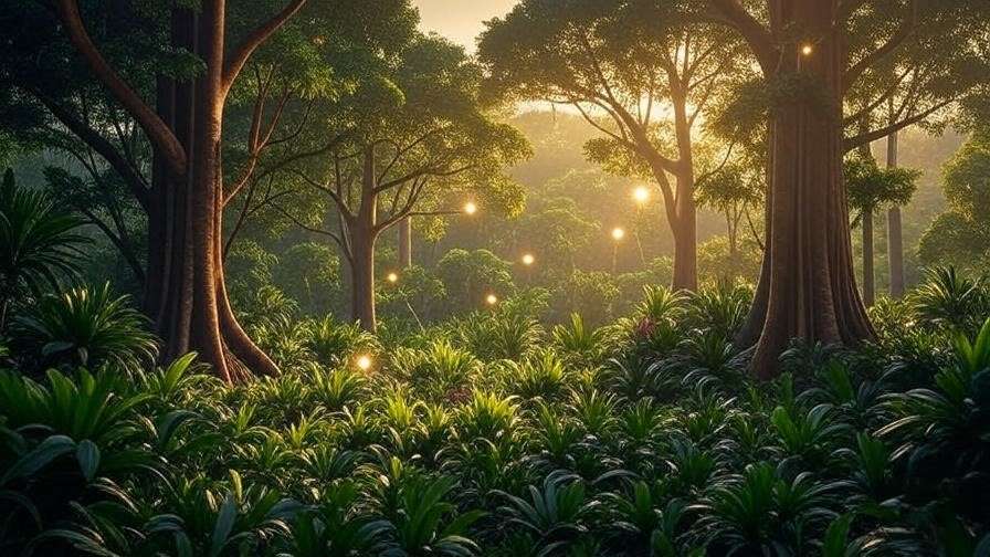 Tropical Central American forest with mahogany trees and glowing magical orbs, showcasing caoba’s natural origins.