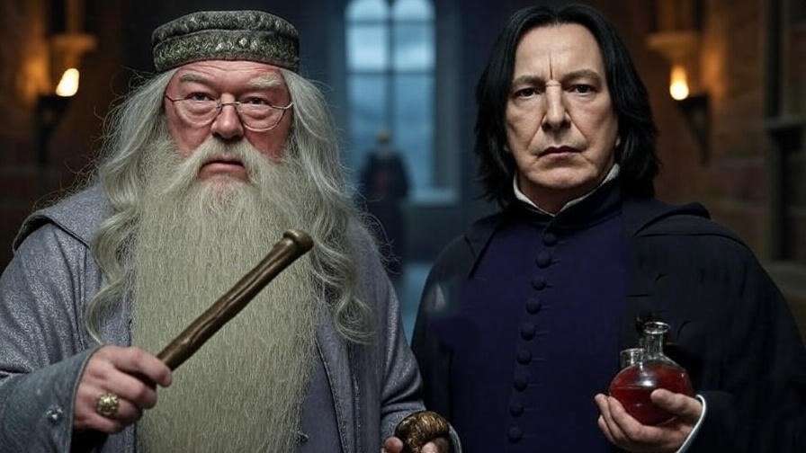 Dumbledore and Snape cosplayers with Elder Wand and potion vials in a Hogwarts corridor with stormy sky.