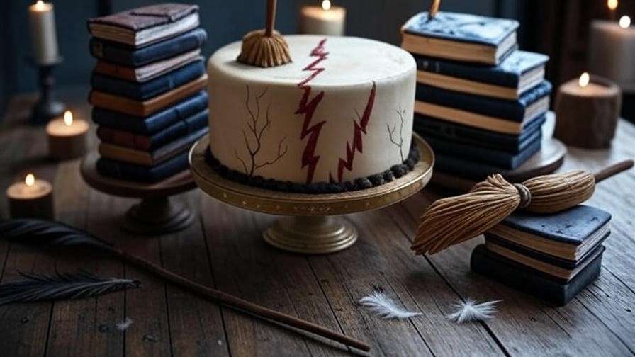 Display of Harry Potter cake variations with lightning scar, book stack, and broomstick designs, adorned with wands and feathers on a rustic table.
