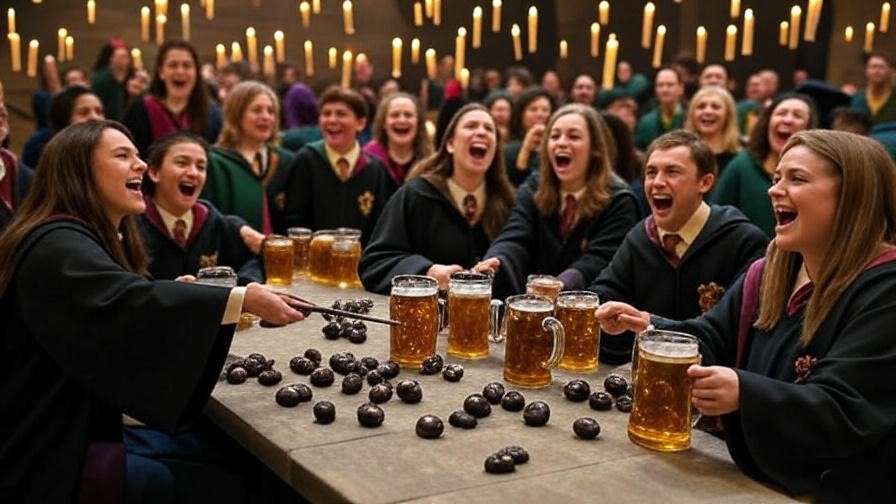 A festive Harry Potter-themed party in a Great Hall setting with floating candles, house banners, and wizards casting protective spells in a joyful, clown-free environment. 