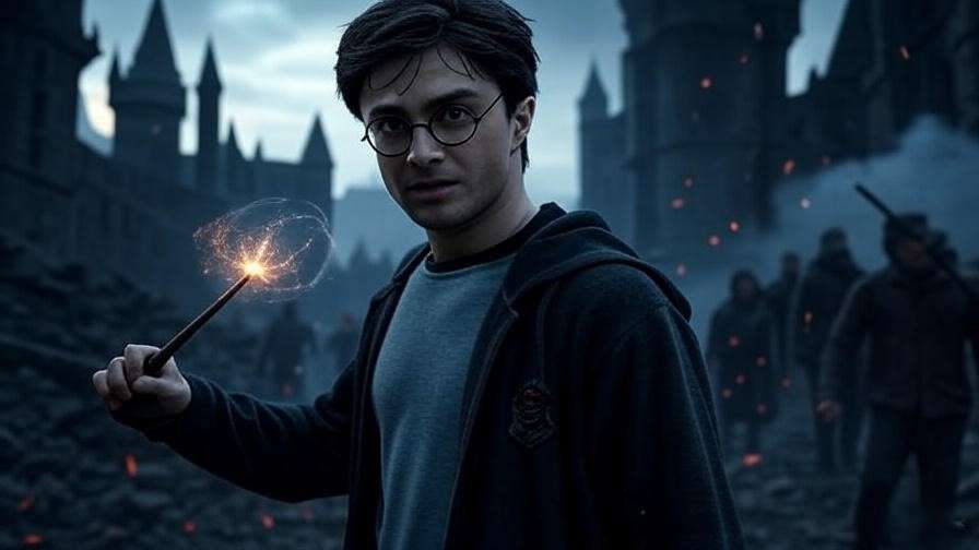 Harry Potter leading bravely during the Battle of Hogwarts with wand raised.
