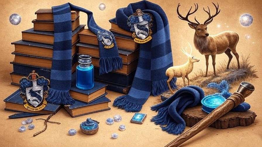 Harry Potter roleplay character creation mood board with a wand, Ravenclaw scarf, Patronus, and spellbooks, inspiring OC design. 