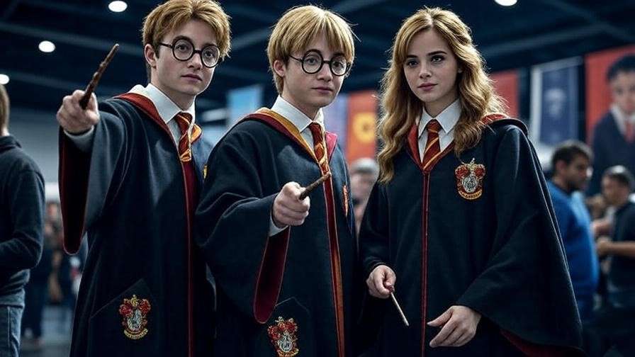 Cosplayers as Harry Potter trio role-playing memory charm at a convention