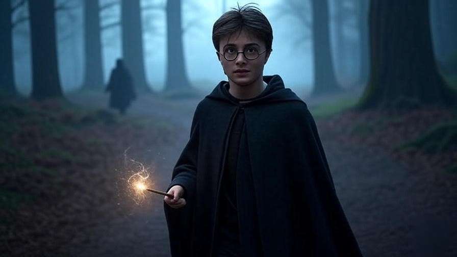 Harry Potter facing Voldemort in misty Forbidden Forest with glowing wand.