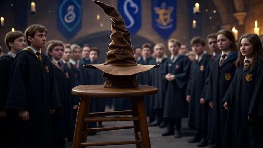 Dramatic Hogwarts Sorting Ceremony with the Sorting Hat and glowing house banners, linking surnames to house identities. 