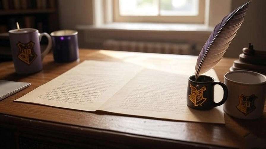 Cozy fan fiction setup with quill, parchment, Hogwarts mug, and lavender candle.