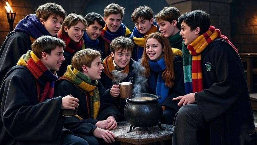 Hogwarts students from various houses layering scarves and robes in a chilly dungeon classroom, with steaming tea and cauldrons, illustrating non-magical warmth strategies. 