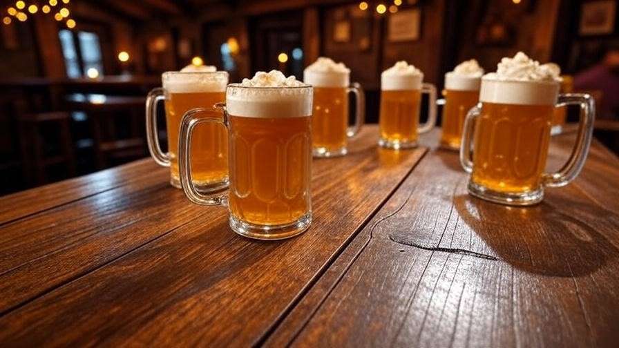 Close-up of frothy butterscotch beer mugs on a rustic table in a cozy Hogsmeade pub with warm candlelight.