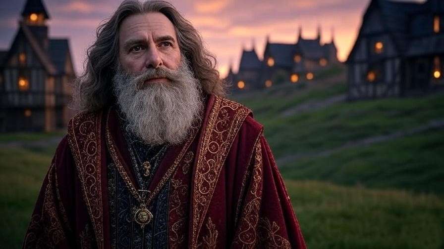 Hengist of Woodcroft overlooking early Hogsmeade village at twilight.