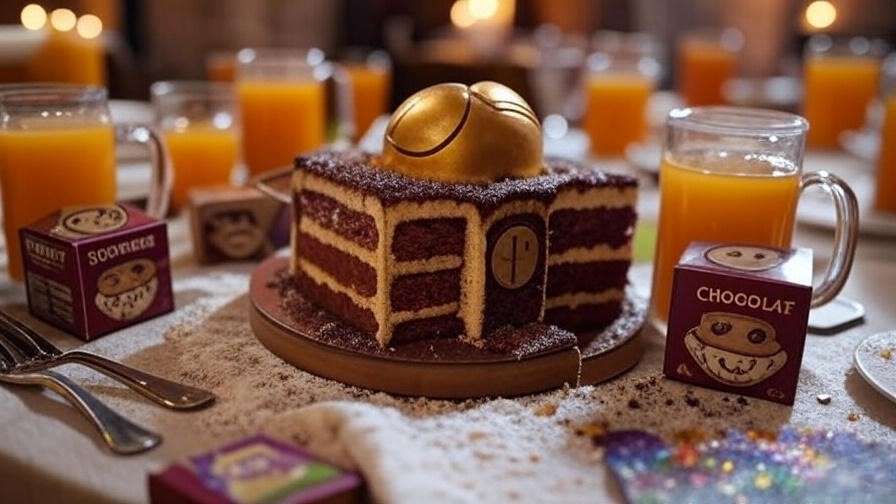 Festive table with a sliced Harry Potter cake featuring a Golden Snitch, Butterbeer mugs, pumpkin juice, and Chocolate Frog boxes in a stone-walled room.